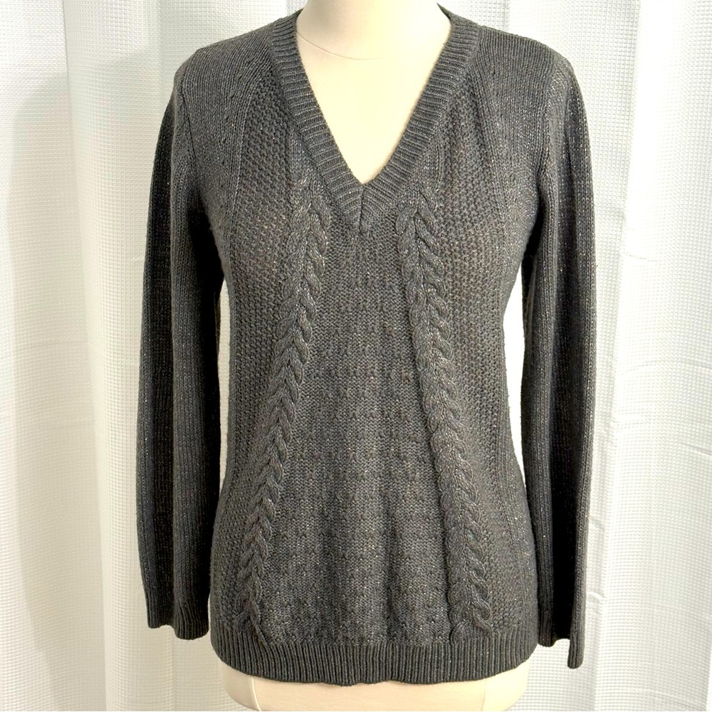 Faded Glory Women's V-Neck Long Sleeve Pull-on Cable Knit Sweater, Gray/Metallic